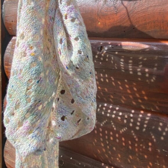 POL Boho Knit Open Front Short Sleeve Cardigan Sweater Pastel Sz M Crochet Beach - Picture 6 of 13